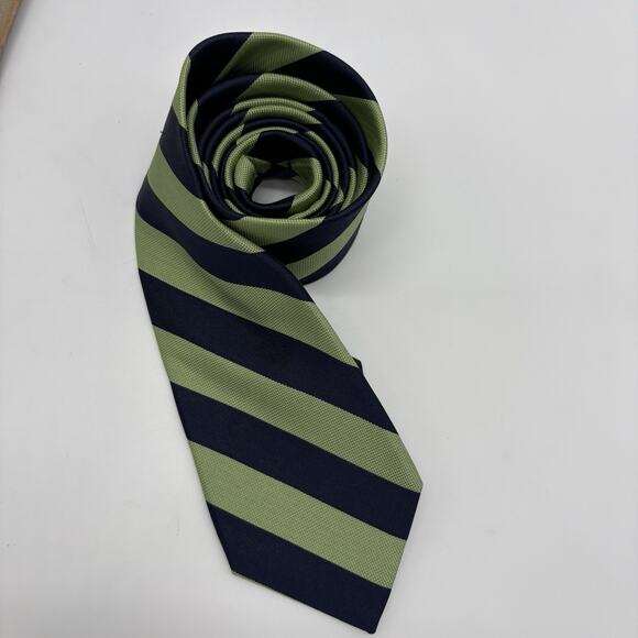 IZOD Silk Necktie Navy Green Repp Stripe Traditional Preppy Academia Classic - Picture 5 of 14
